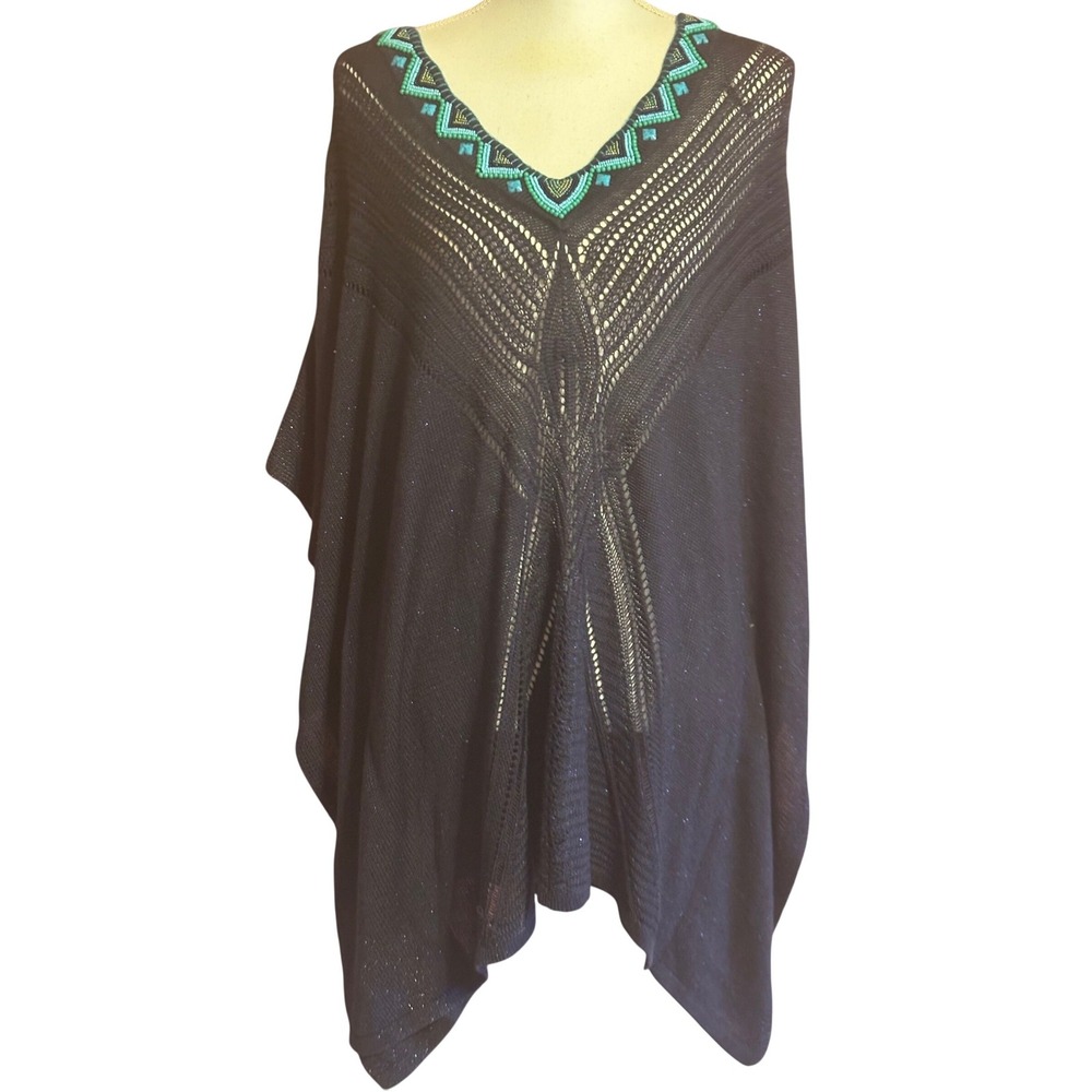 Chicos Navy Blue Metallic Knit Beaded V-Neck Poncho Sweater L/XL Artsy Travel